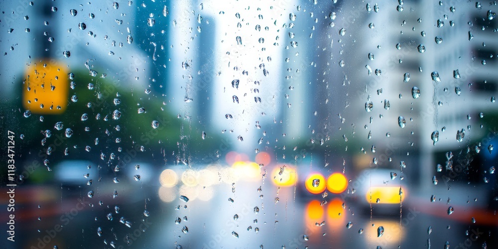 Poster Blurred image showcasing drops of rain on a mirror, featuring buildings and a road in the background. This captivating scene of rain and reflections creates a unique atmosphere.