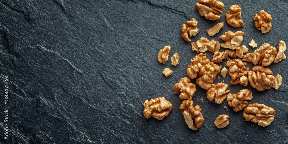 Poster cracked walnut shell on a dark slate table creates a striking composition of healthy nuts and seeds.