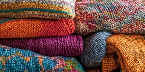 Fototapeta premium Vibrant hand knitted wool texture creates a cozy atmosphere, complemented by handmade cotton fabrics. Experience the charm of colorful wool blankets and celebrate the richness of craft and culture.