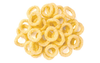 Crispy corn rings, isolated on white background.