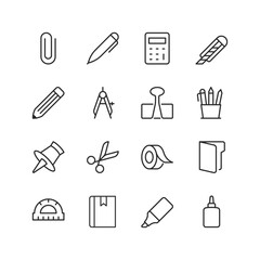 Stationery and Office Supplies, linear style icon set. Tools for work and study. Pen, pencils, scissor, tape, and other office items. Editable stroke width.