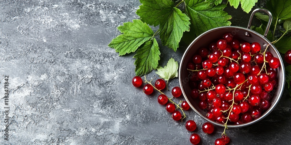 Aufkleber Ripe red currants displayed in a colander alongside fresh leaves on a textured grey table. This image of ripe red currants offers ample space for your text.