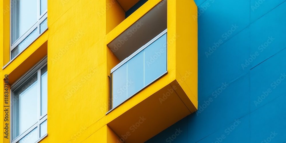 Poster Fragment of vibrant yellow and blue walls showcasing an interesting architectural detail, emphasizing the unique interplay of colors in the building s design. Yellow and blue walls bring character.