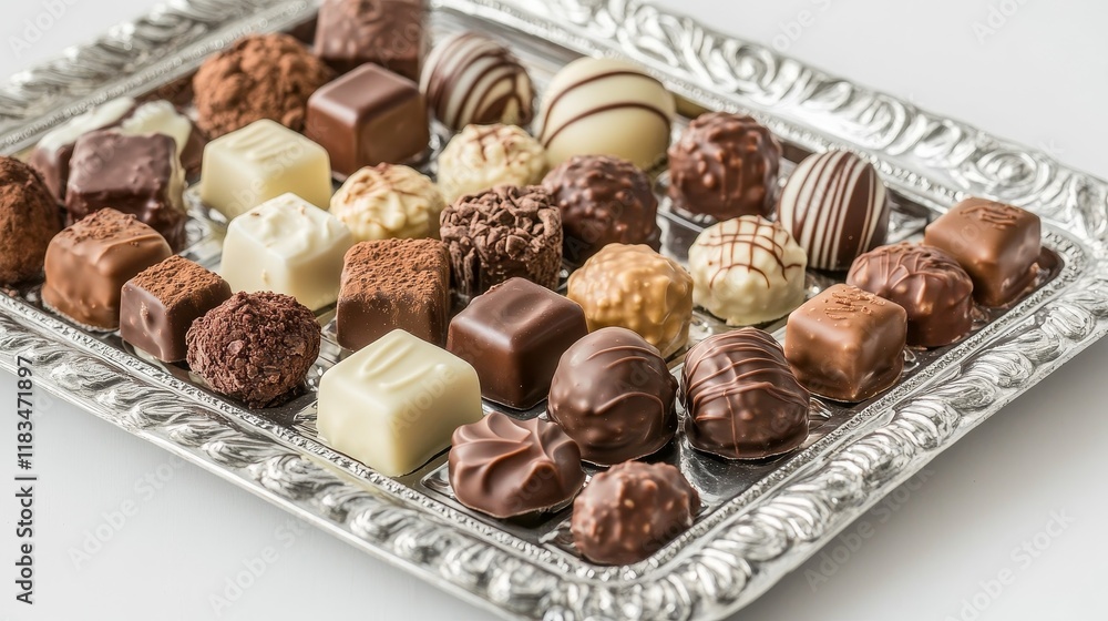 Aufkleber assorted chocolates and confectionery displayed elegantly on a silver tray, perfect for showcasing d