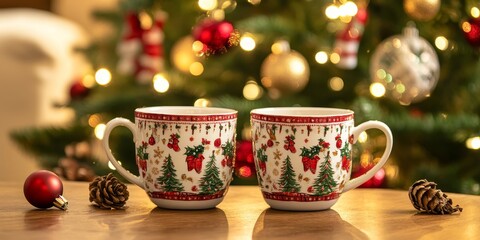 Fototapeta premium Two cups decorated with festive gifts sit in front of a beautifully adorned Christmas tree, creating a warm and inviting atmosphere perfect for celebrating the joy of Christmas together.