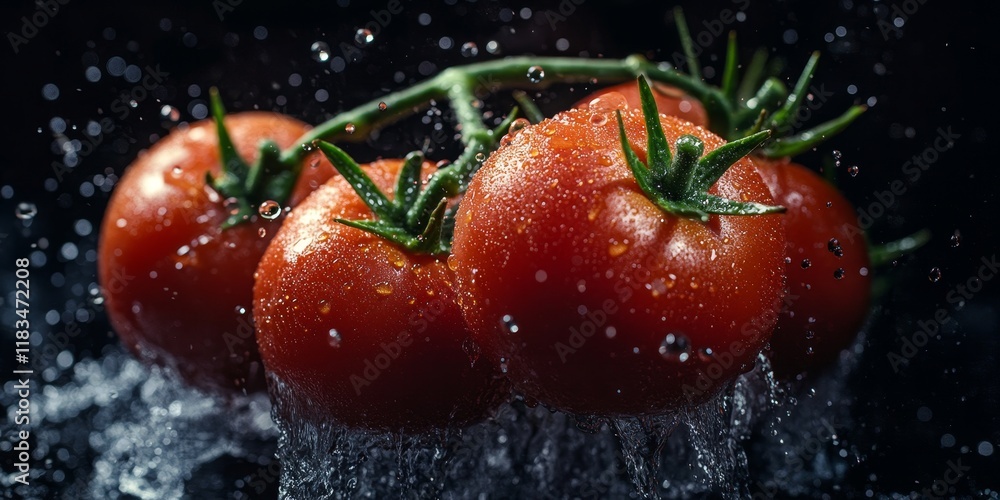 Poster close up shot of tomatoes, also known as solanum lycopersicum, showcasing vibrant colors with water 