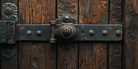 Fototapeta premium A large metal lock featuring a latch is positioned on the wooden surface of a rustic batten door, showcasing the intricate design and durability of the metal lock in this unique setting.