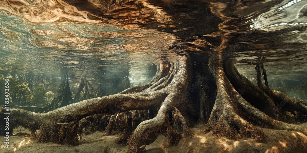Poster tree roots submerged in water create a unique image, showcasing the beauty of nature. the scene capt