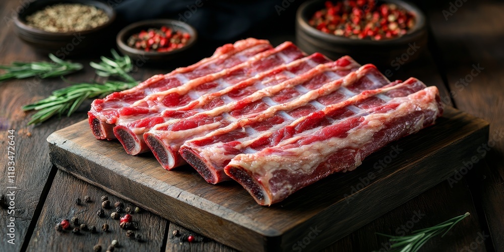 Poster raw ribs displayed on a wooden table, showcasing the rich texture and color of raw ribs, perfect for