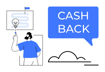 Person in blue shirt pointing at light bulb in rectangle with blue flag, large CASH BACK text bubble, abstract cloud shape. Ideal for creativity, fintech, rewards, return on investment, financial