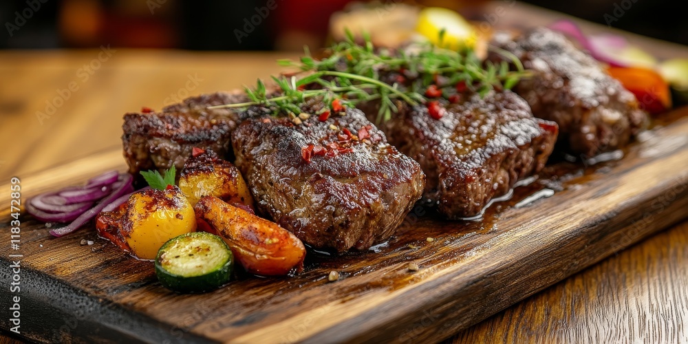 Aufkleber Close up of a wooden board featuring fried meat and vegetables on a wooden table, emphasizing the beef meat with a shallow depth of field for a striking presentation of the beef.
