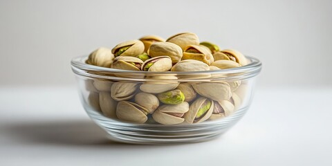 Pistachio nuts rotate on a table, showcased in a transparent dish. This delightful pistachio snack spins against a clean white background, highlighting its appeal as a healthy, protein rich food.