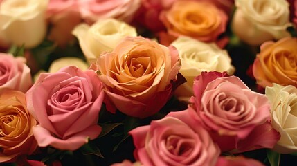 Fototapeta premium Rose Garden: A peaceful area filled with blooming roses in various types and colors, their fragrant petals creating a calming, visually beautiful atmosphere. 
