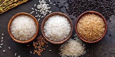 Diverse food background featuring three types of rice varieties, paddy, rice berry, and glutinous rice, showcasing the unique characteristics of each rice type in an appealing arrangement.