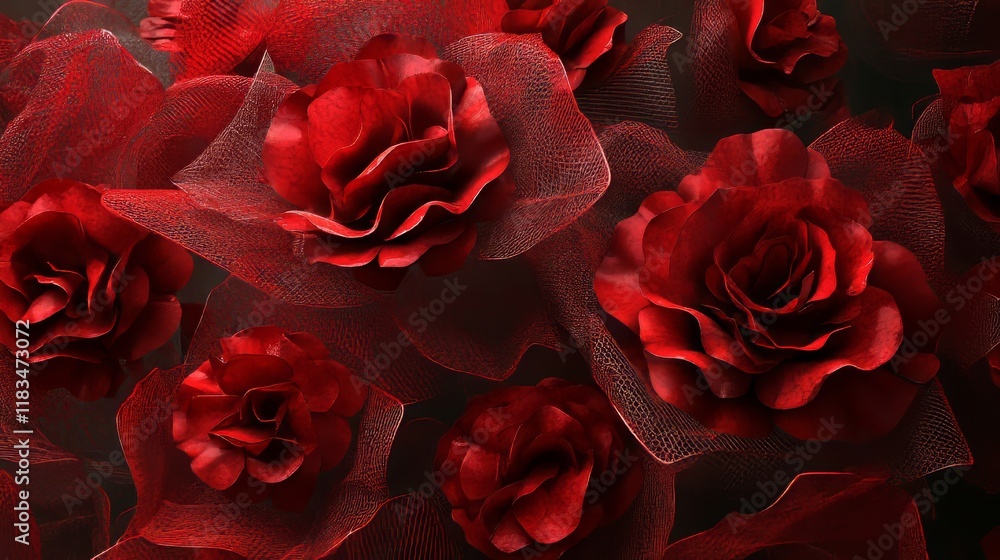 Poster Red roses featuring a captivating mesh texture create a stunning visual. The intricate mesh texture adds depth and elegance to the classic beauty of red roses, enhancing their allure.