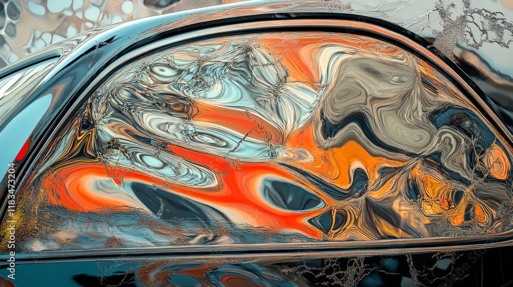 Leinwandbilder Abstract composition featuring reflections captured in the windows of a car, highlighting intricate patterns and colors created by the car windows and surrounding environment.