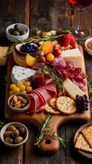 Elegant Charcuterie Board with Meats, Cheeses, Fruits, Nuts, and Crackers.