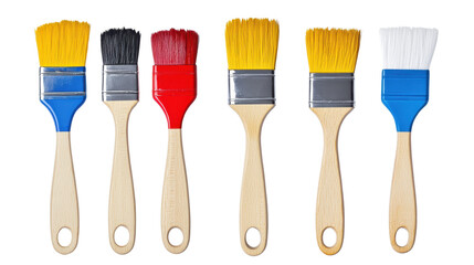 Set of new paintbrushes with wooden handles and bristles isolated on white