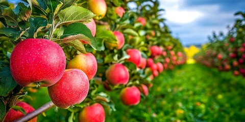 Obraz premium Vibrant apple orchard brimming with juicy apples, showcasing the beauty of an abundant orchard filled with ripe, delicious apples ready for harvest.