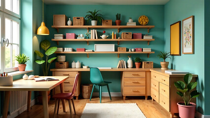 A colorful craft room with supplies and an area to showcase a product new image