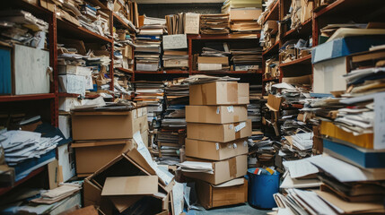 Obraz premium Cluttered Storage Room Filled with Piles of Document Boxes and Papers