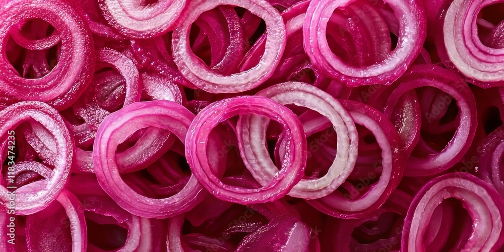 Poster Sliced red onion rings showcase the vibrant color and texture of fresh onions. These sliced red onion rings are perfect for adding a flavorful, zesty touch to various dishes and salads.