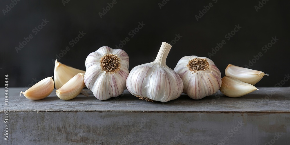 Aufkleber young garlic heads displayed on a gray tabletop create an appealing composition, showcasing the vibr
