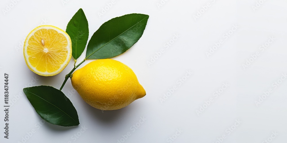 Poster isolated lemon with leaves presented on a white background, highlighting the freshness and vibrant c