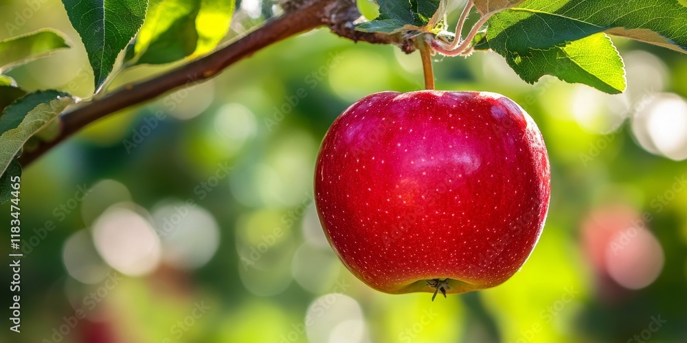 Poster vibrant and delicious red apple hanging from an apple tree branch in an orchard, showcasing the beau
