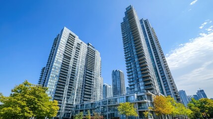 Obraz premium Contemporary high-rise buildings captured from below, highlighting their sharp lines and urban skyline with a clear blue sky.