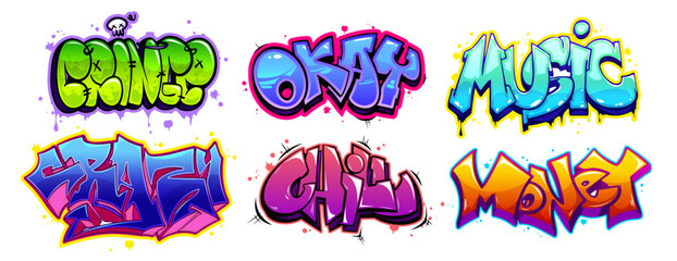 Graffiti lettering text collection in cartoon style - vibrant design of urban art. Bold typography with multicolored spray paint effects, drips, splashes and bubble shapes. Street art elements