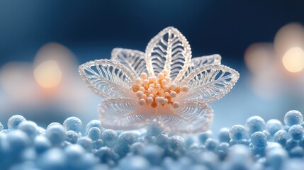 Delicate white lace flower on blue background.