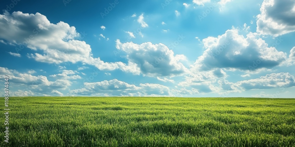 Aufkleber vibrant green field under a vast sky adorned with fluffy white clouds, creating a picturesque landsc