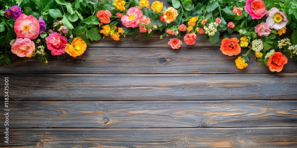 Aufkleber rustic wooden background adorned with vibrant flowers, creating a charming rustic scene. the empty w