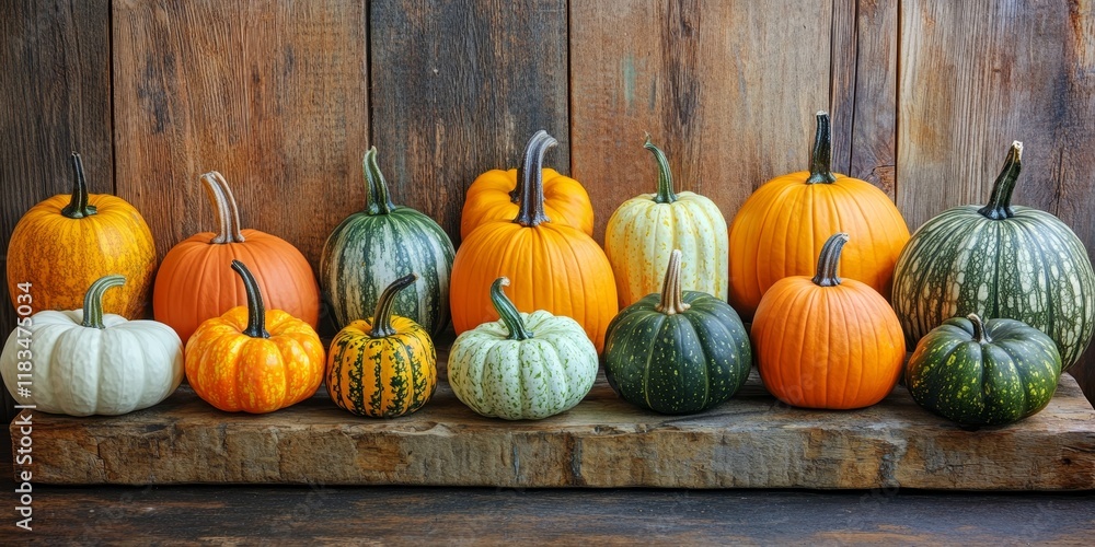 Poster assorted pumpkins and squashes arranged on rustic wooden boards create a stunning autumn backdrop, h