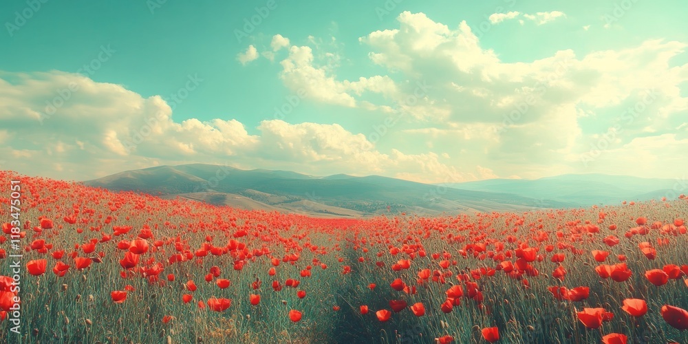 Leinwandbilder Stunning summer poppy field landscape featuring cross processed retro effects, enhanced by differential focus techniques that create a captivating shallow depth of field in the image.