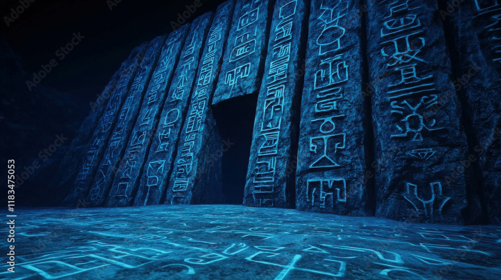 Poster colossal mountain carved with intricate patterns in an enigmatic setting