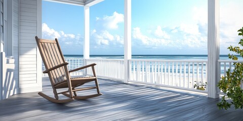 A rocking chair facing left on a porch offers a blend of traditional and contemporary design. This stained wood rocking chair in inviting brown enhances any relaxing beach setting with friendly