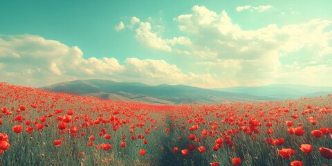 Stunning summer poppy field landscape featuring cross processed retro effects, enhanced by differential focus techniques that create a captivating shallow depth of field in the image.