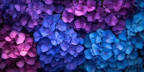 Vibrant blue and purple hydrangeas flowers create a stunning display, showcasing the beautiful hues of hydrangeas in a captivating floral arrangement. Enjoy the charm of hydrangeas with these blooms.
