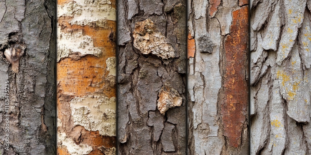 Poster tree bark textures on a wooden background, showcasing the intricate details of tree surfaces. this c