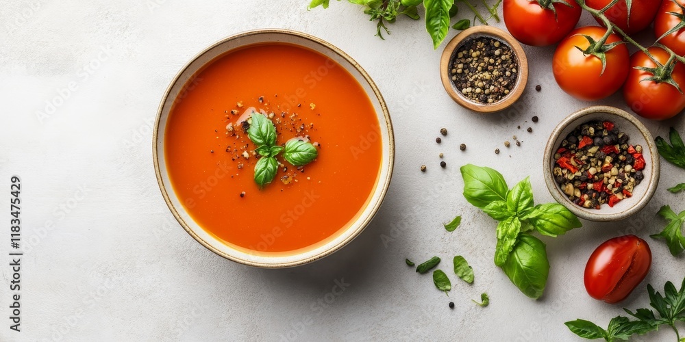 Poster vegan tomato soup displayed on a light stone table, showcasing a vibrant arrangement. the top view c