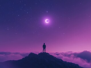 Fototapeta premium Celestial Stargazer on Hilltop under Moonlit Sky in Violet Tones