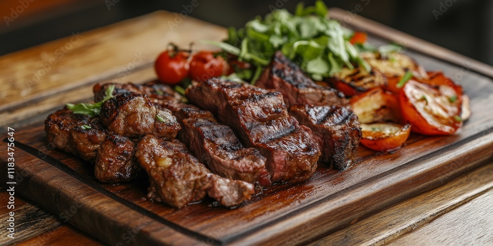 Poster Close up of a wooden board featuring fried meat and vegetables on a wooden table, emphasizing the beef meat with a shallow depth of field for a striking presentation of the beef.