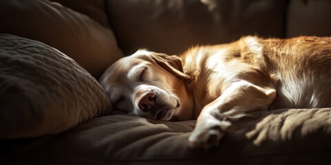 Obraz premium An elderly labrador enjoys a peaceful nap in its cozy bed. This heartwarming image captures the serene moment of an elderly labrador resting in its comfortable space at home.