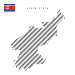 North Korea map from pattern of black slanted parallel lines. Juche map with gray diagonal lines. Silhouette of a country made of oblique hatching. Vector illustration isolated on white.