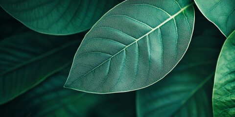 Obraz premium Macro close up showcasing a green leaf background texture, emphasizing the beauty of nature ecology. This green leaf background texture represents the essence of ecological harmony.