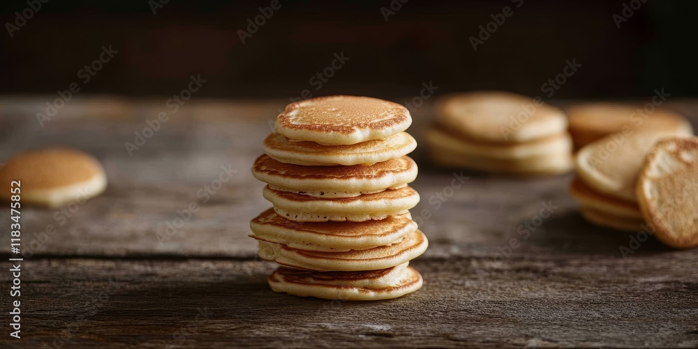 Poster close up view of a delightful stack of mini pancakes served on a rustic wooden table, showcasing the