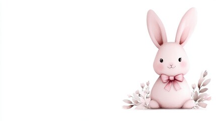 Obraz premium A cute pink rabbit adorned with a bow, surrounded by delicate foliage, perfect for spring-themed designs.