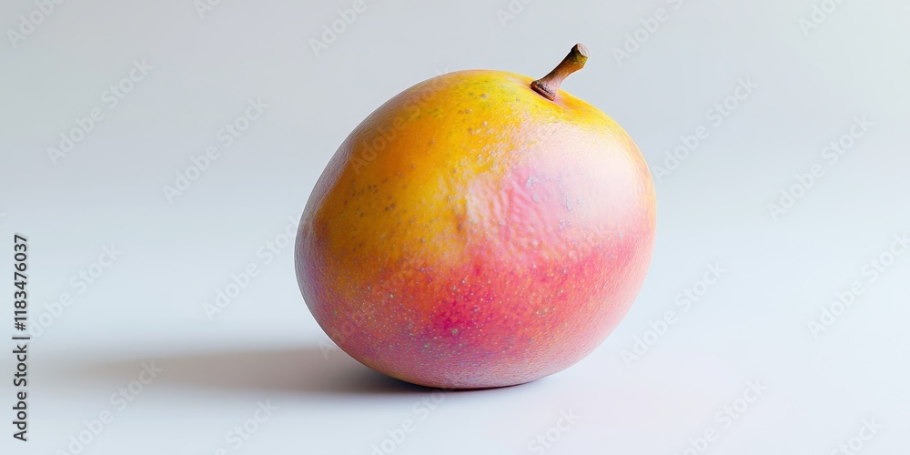Poster a detailed, close up view of a mango set against a plain white background, highlighting its texture 